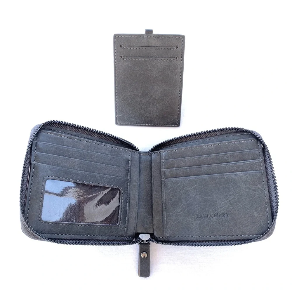 BAELLERRY Gray Bifold Zip Travel PU Leather Wallet with Removable ID Slide Case